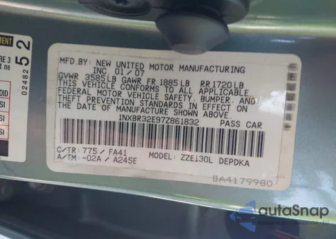 2007 Toyota Corolla Ce из США, поврежденный, VIN 1NXBR32E97Z861832